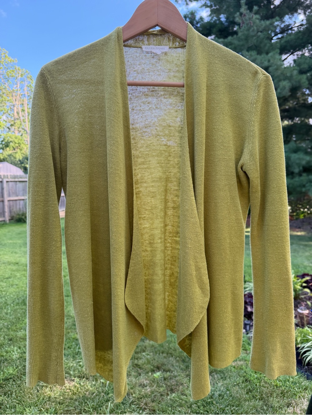 Eileen Fisher XS 100% Organic Linen Sheer Knit Open Front Cardigan Chartreuse